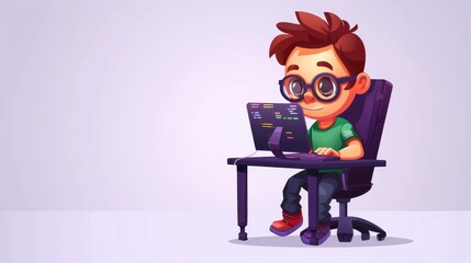 A cheerful 3D mascot sits at a computer, showcasing the fun side of coding and software development with a relaxed vibe.