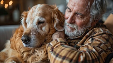 a disabled senior man in wheelchair indoors playing with a pet dog at home