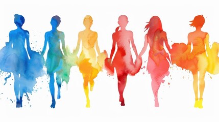 A vibrant watercolor set featuring silhouettes of people walking against a clean background, capturing the essence of movement.