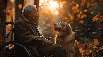 a disabled senior man in wheelchair indoors playing with a pet dog at home