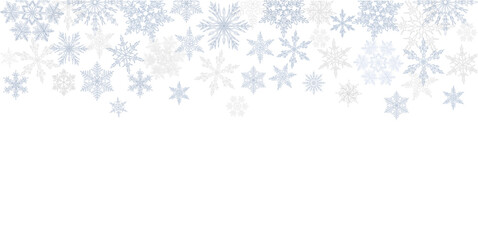 Abstract Christmas border with blue and silver snowflakes and copy space for text. Winter snow. Overlay, banner, cover. vector hand drawn isolated on transparent background.