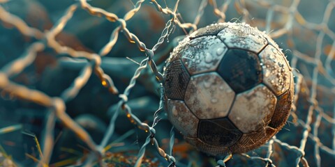 A soccer ball stuck between the wires of a fence, perhaps lost or forgotten