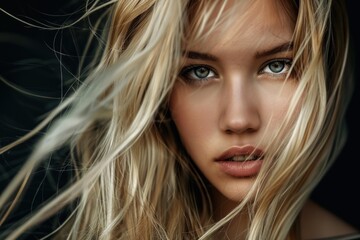 Fototapeta premium Stunning woman with piercing blue eyes and windblown hair creates a captivating portrait
