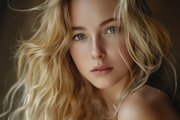 Fototapeta premium Beautiful blonde woman with long wavy hair is posing in a studio setting