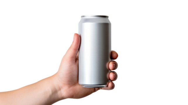 A hand is holding a can of beverage isolated on a white background.