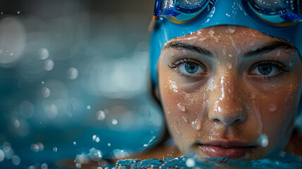 female swimmer with intense focus, wearing a swim cap and goggles, close-up of face with water droplets, swimming in an olympic pool