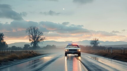 A vintage police car chases a speeding vehicle on a deserted highway.