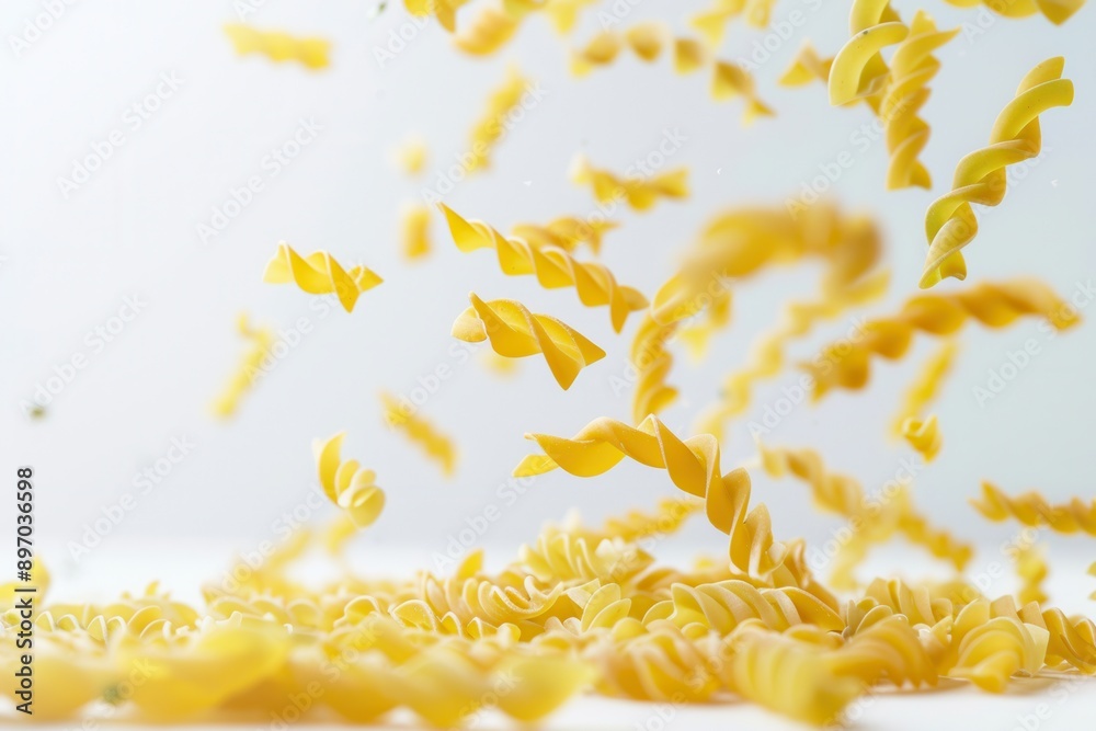 Poster a close-up image of uncooked pasta falling against a white background. generative ai