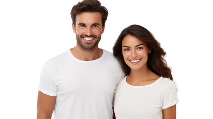 Fototapeta premium Smiling couple looking at camera isolated on white background.