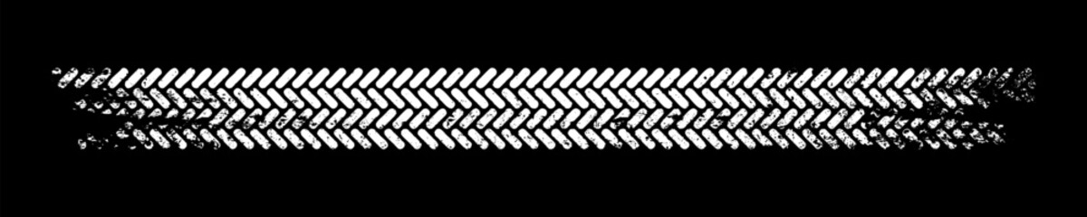 Grunge tire track, wheel braking marks. White truck, car or motorcycle tread pattern silhouette. Auto race, motorsport, speed racing design element. Vector illustration