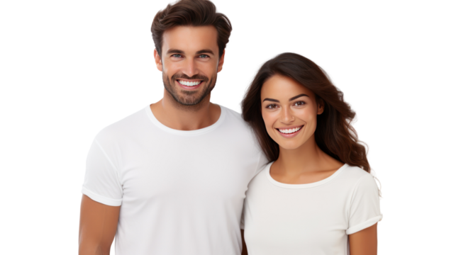 Smiling couple looking at camera isolated on white background.
