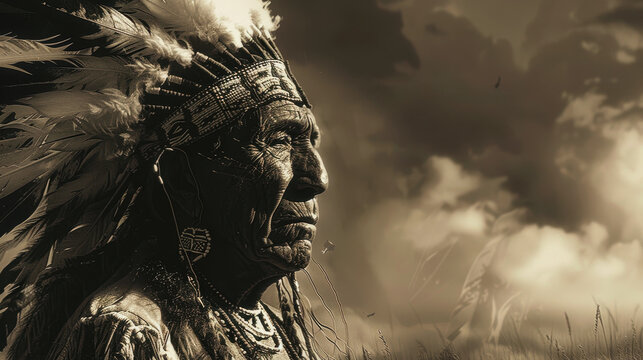 The Indian chief. The old chief. The wise Indian. red-skinned people