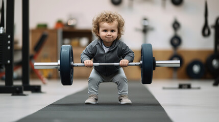 Young child in a gym holding a barbell in a squatting stance, with gym equipment in the background.