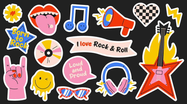 Set of rock music elements in retro style. Stickers, patches and labels for decoration.