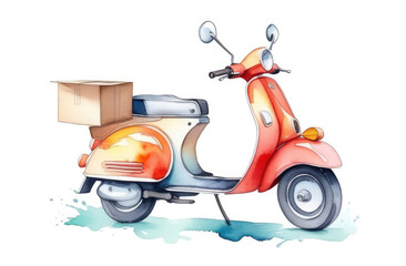 watercolor illustration of delivery scooter on white background. motorbike with cardboard cargo box