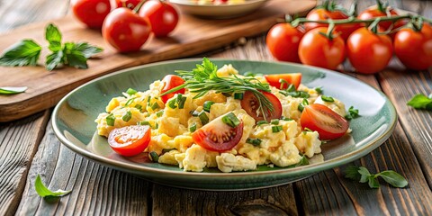 Scrambled eggs with fresh tomatoes, herbs, and cheese on a plate , breakfast, delicious, nutritious, scrambled eggs, tomatoes