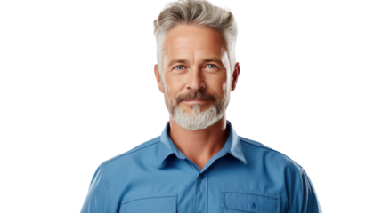Handsome middle-aged man smiling at the camera, isolated on white background.