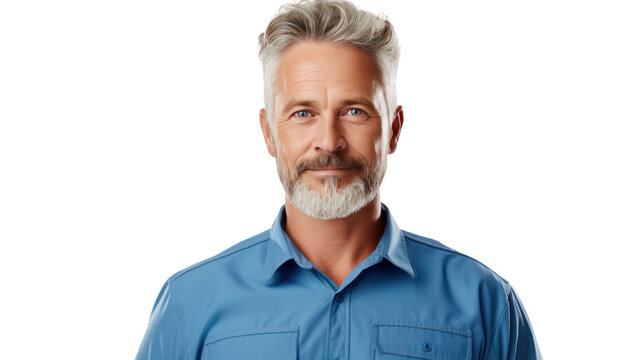 Handsome middle-aged man smiling at the camera, isolated on white background.