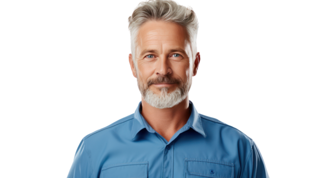 Handsome middle-aged man smiling at the camera, isolated on white background. - Powered by Adobe