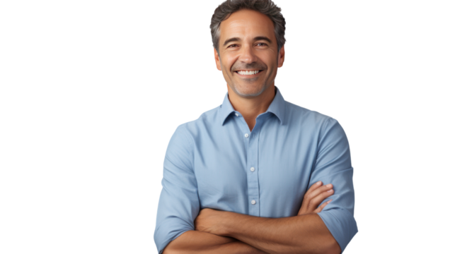 Handsome middle-aged man smiling at the camera, isolated on white background.