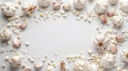 Obraz premium garlic with empty space in the middle and white background