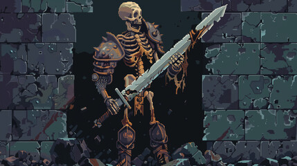 Fototapeta premium A skeletal warrior with a rusty sword and tattered armor , pixel art, game assets