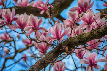 Pink magnolia flowers blooming on a tree branch against a blue sky, capturing the beauty of spring