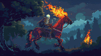 A phantom horseman with a flaming skull and spectral steed , pixel art, game assets