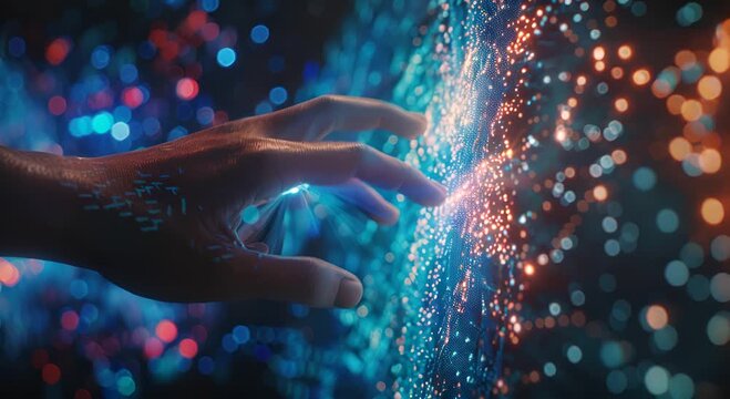 A hand is reaching out to touch a glowing, colorful, and abstract background. Concept of wonder and curiosity, as if the hand is trying to grasp something beyond its reach