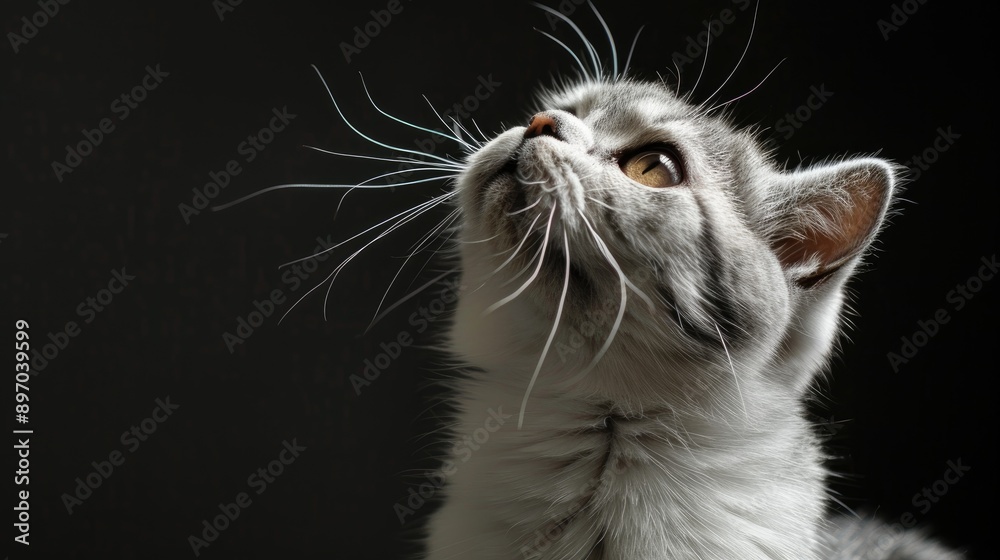 Poster White Tabby Cat Making Funny Faces on Black Background concurrently Scottish Fold Kitten Gazing in Studio Empty bellied White Cat with Copy Space