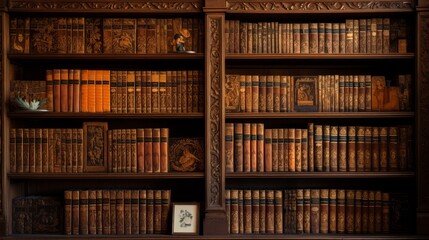 Many old brown books on wooden shelf in dark library. Neural network ai generated art