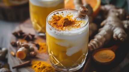 Healthy drink made from turmeric roots exotic spices with milk and honey