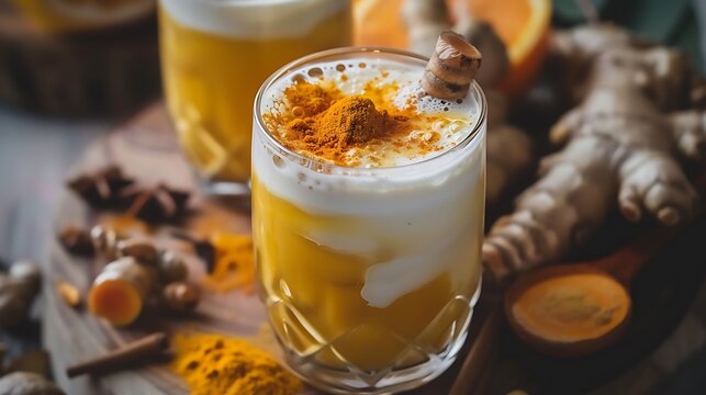 Healthy drink made from turmeric roots exotic spices with milk and honey