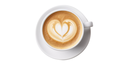 Top down view of a glass of latte coffee, isolated on white background.