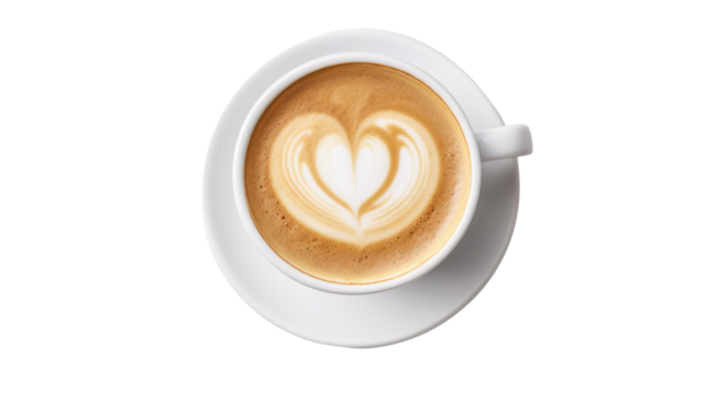 Top down view of a glass of latte coffee, isolated on white background.