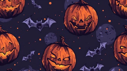Colorful Halloween pattern featuring carved pumpkins, bats, and a moon, perfect for spooky themed designs.