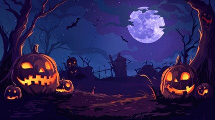 Spooky Halloween scene featuring glowing pumpkins, a full moon, and bats, perfect for autumn-themed projects.