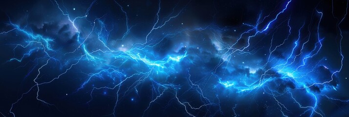 Fototapeta premium Blue Electricity. Lightning Storm in Dark Night Sky with Electric Power
