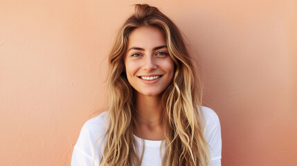 Naklejka premium Young woman with long blonde hair smiling in front of a light peach-colored wall.