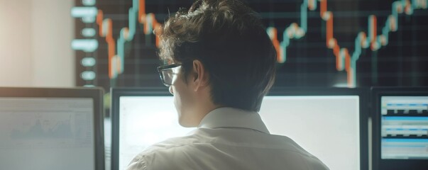 Analyst Reviewing Stock Market Data. Financial Trader Analyzing Market Charts. Business Analyst at Workstation with Graphs