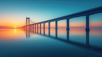 long bridge in blue sky at sunset over calm water
