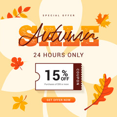 Autumn sale coupon promotion vector illustration. Autumn leaves on orange background