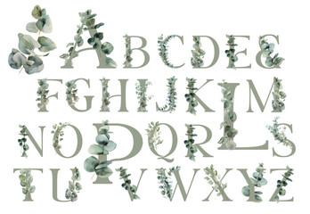 A stylized alphabet design with each letter decorated with hand-painted watercolor green eucalyptus leaves.