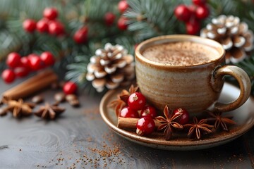 Holiday Coffee with Spices and Pinecones - Perfect for Festive Print Designs, Cards, and Posters