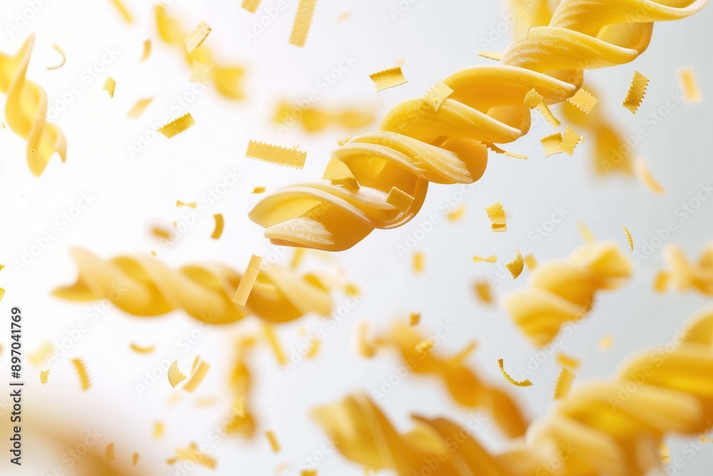 Poster close-up shot of uncooked pasta falling gracefully against a white backdrop. generative ai