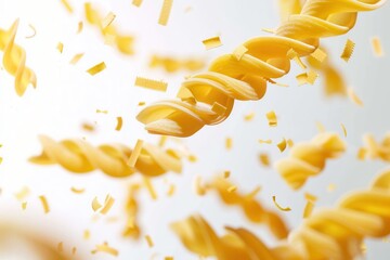 Close-up shot of uncooked pasta falling gracefully against a white backdrop. Generative AI