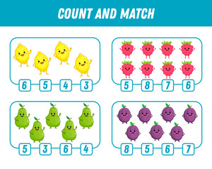 Education game for children count and match of cute cartoon fruits, printable worksheet. Funny lemon, raspberry, pear, plum. 