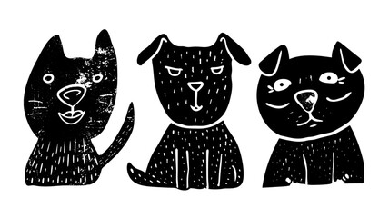 Dog vintage linocut doodle set, black vector logo on transparent background