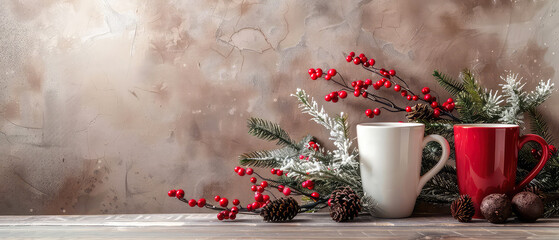 Ceramic white cup or mug with hot chocolate, coffee, tea with decorations on christmas background. Happy new year or Christmas mockup. Cozy wintertime leisure. Generative ai