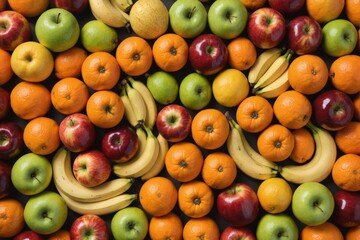 Top view of a fruit composition made of apples, bananas and tangerines